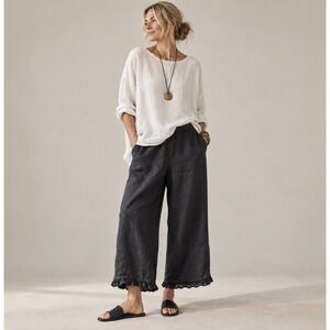 Match Point Linen Wide Leg Ruffle Hem Pants Black Sz M Made in USA